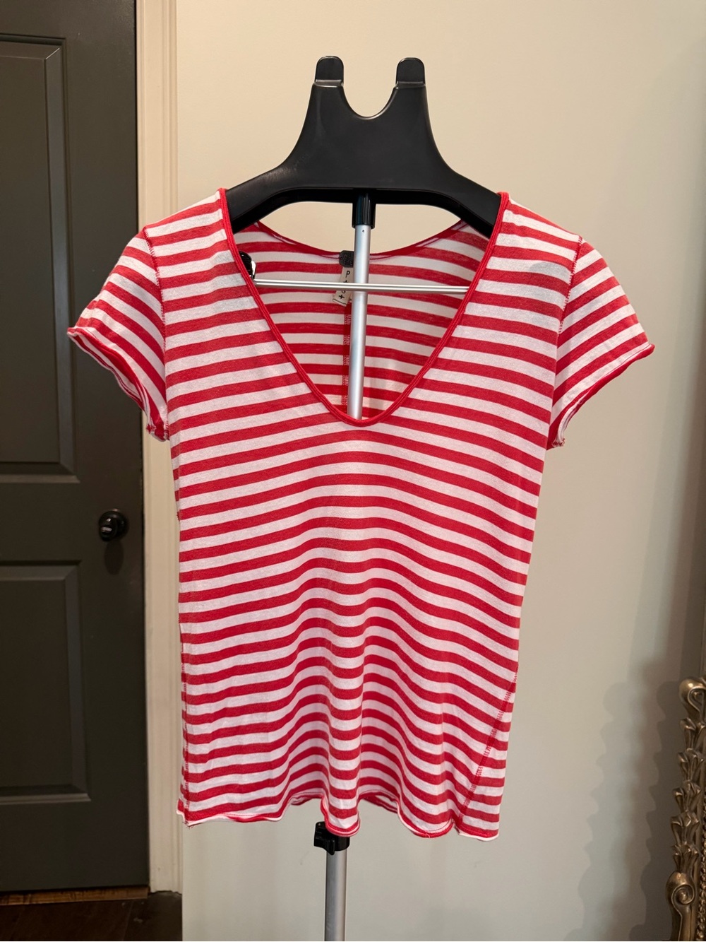 We The Free Red & White Striped V-Neck Tee Size S